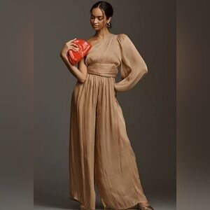 Anthropologie Tan One-Shoulder Jumpsuit